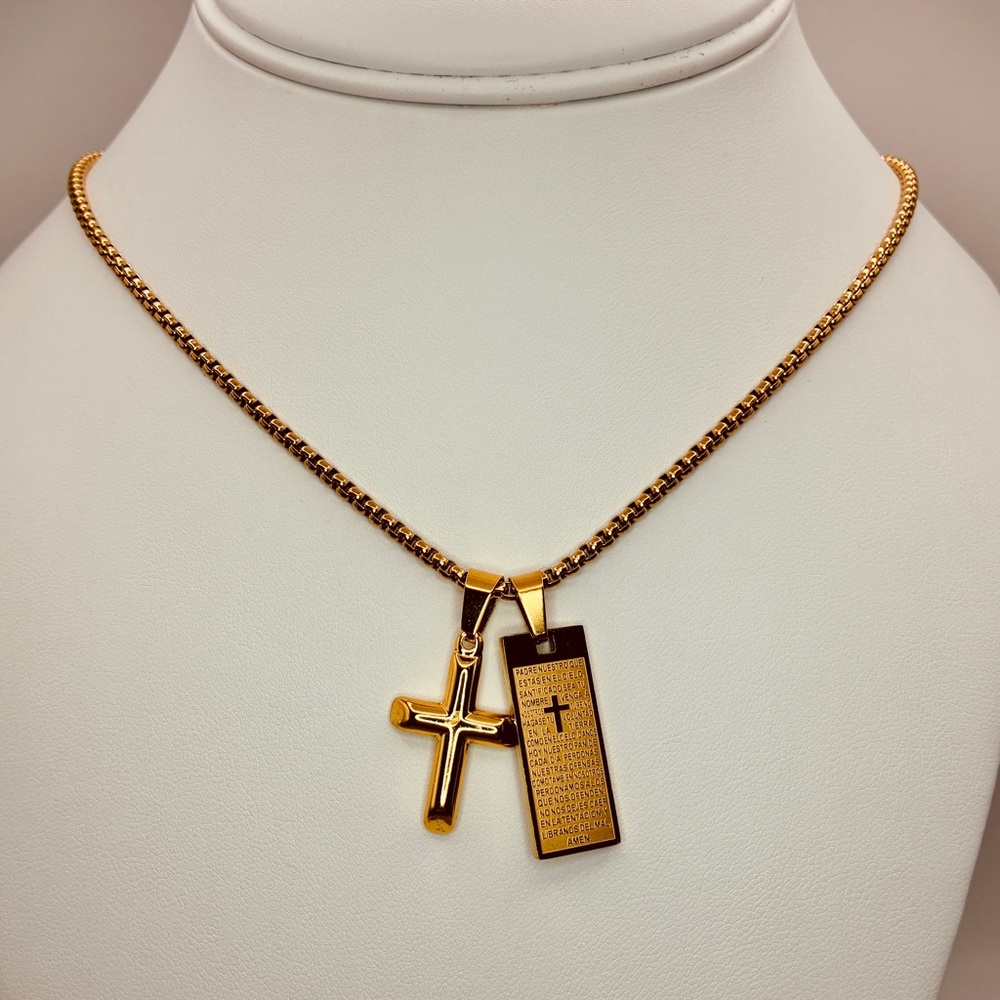 Gold Cross & Oración del Padre Nuestro Pendants Chunky Statement Necklace - Picture 4 of 6